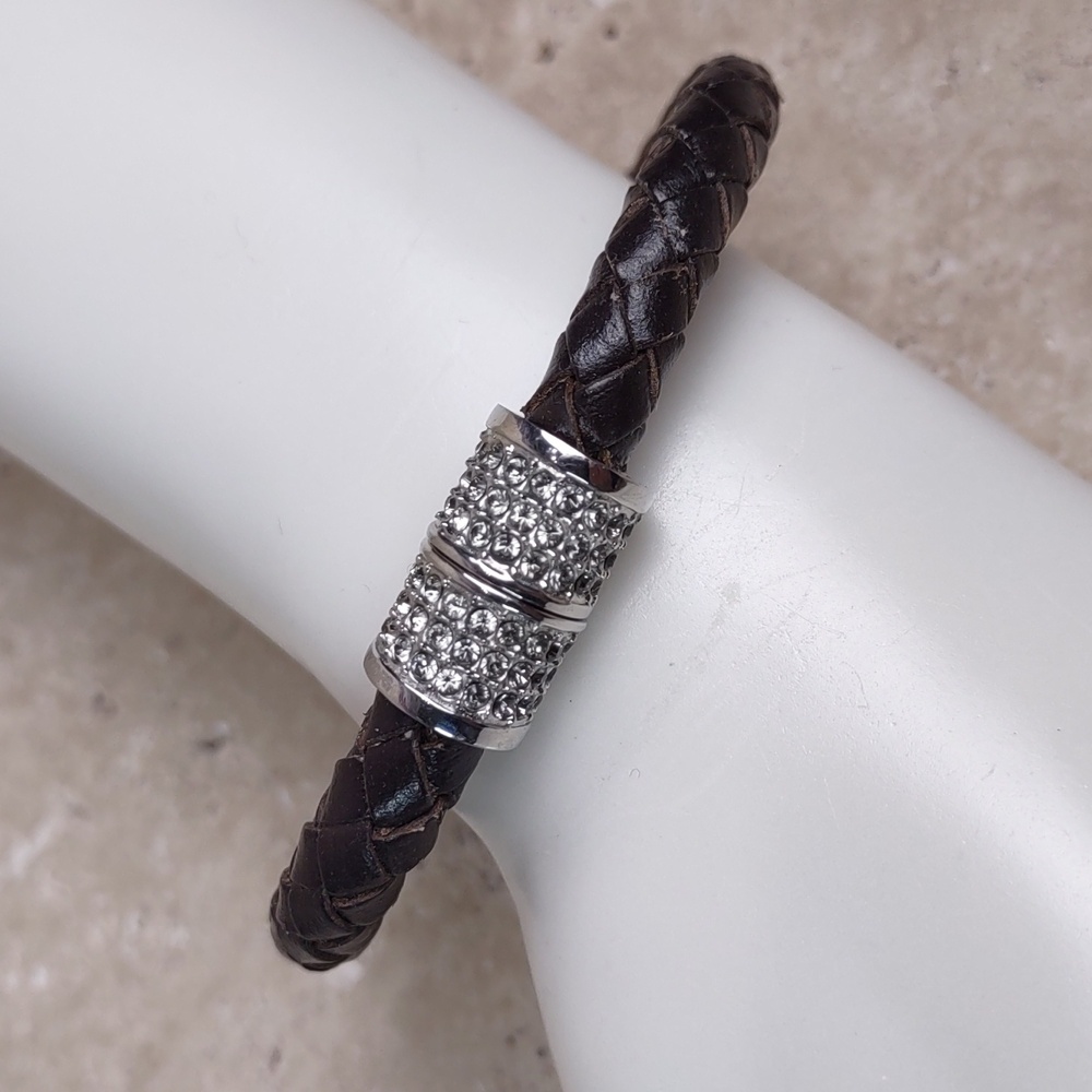 Woven Leather Bracelet w/Crystal Stations